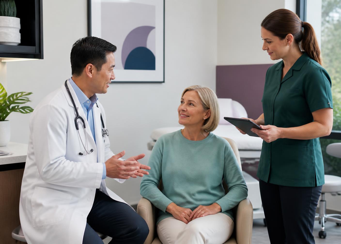 A specialist care team consulting with a patient
