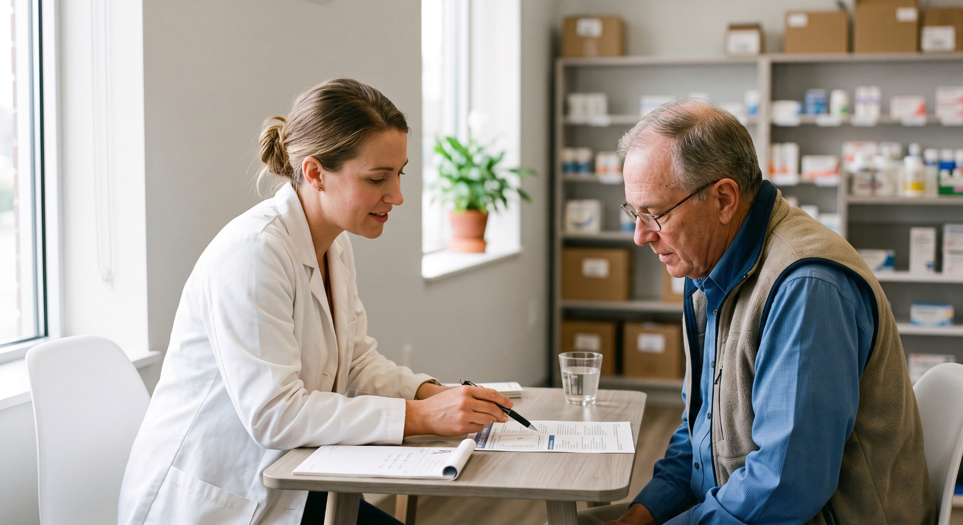A pharmacist consulting with a patient about their medication