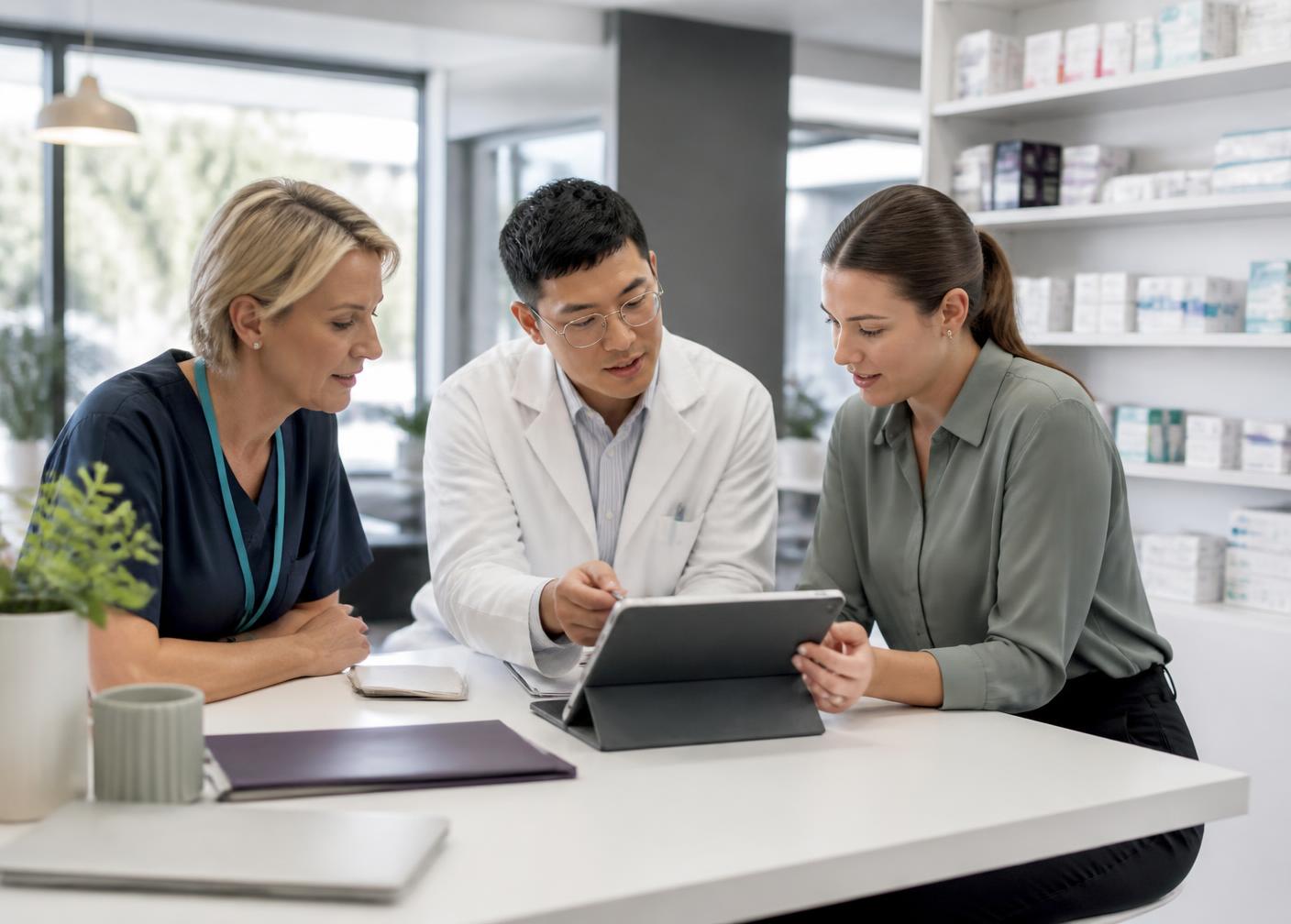 A pharmacist, clinician and care coordinator reviewing a patient pathway
