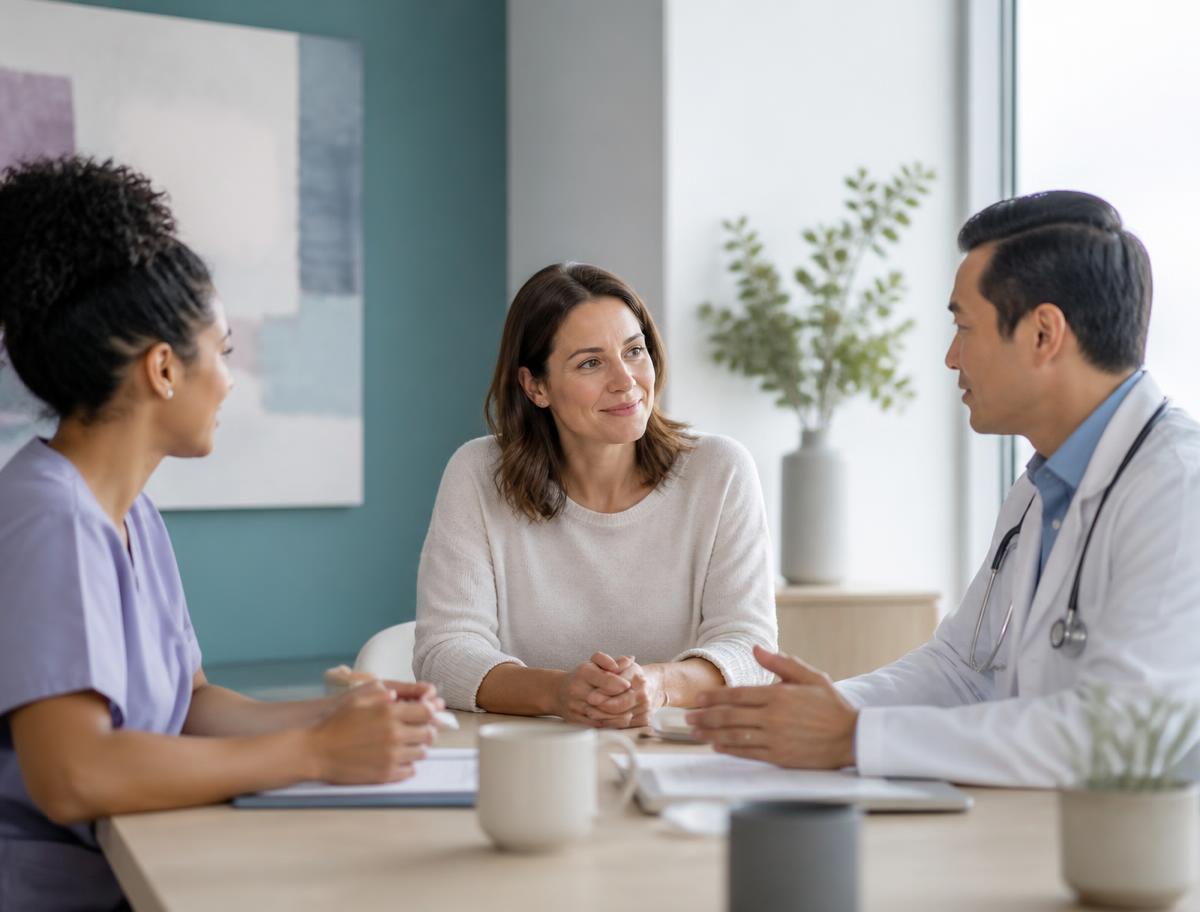 Clinicians and a partnership manager meeting in a bright clinic room