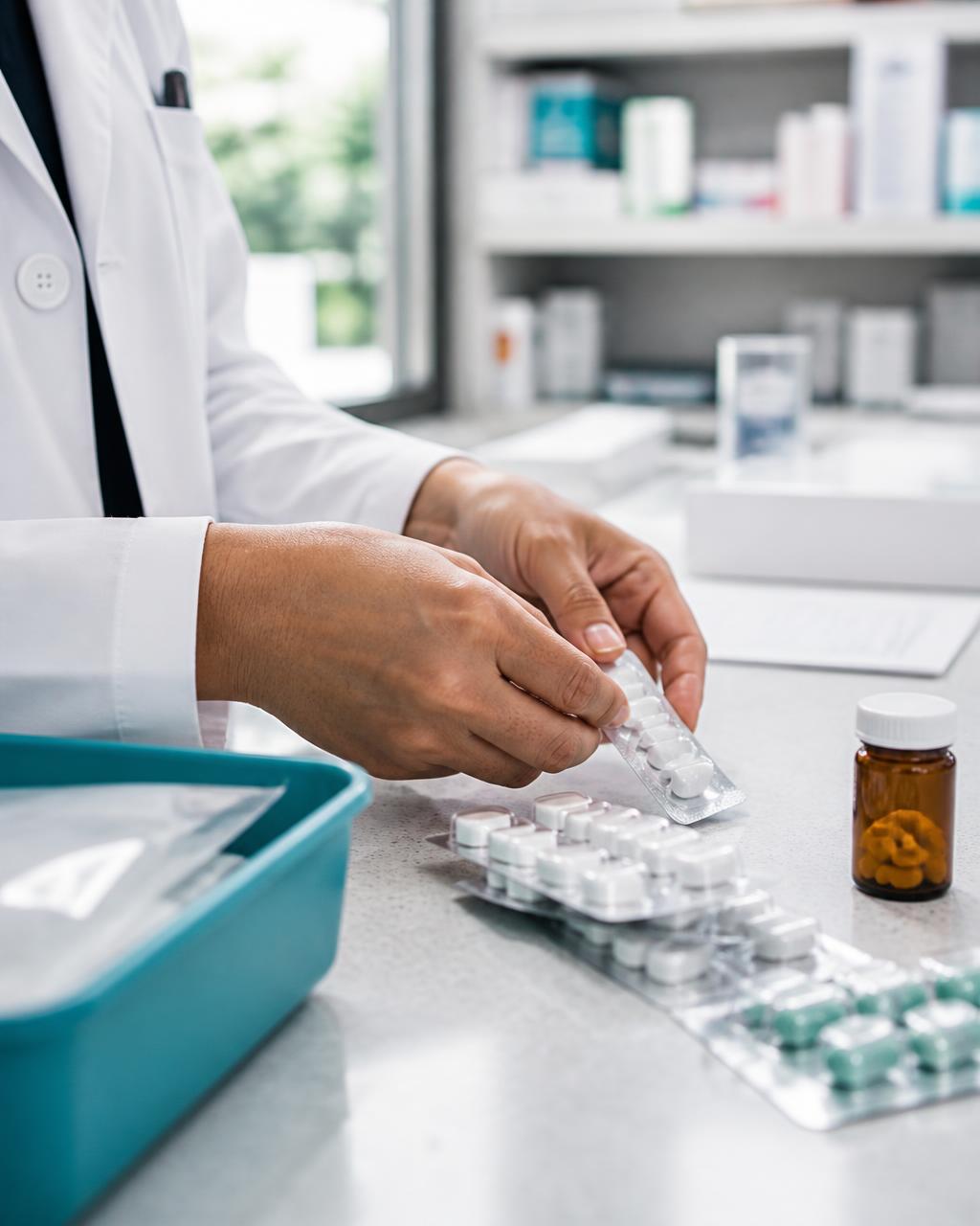 A pharmacist carefully preparing specialty medication at a pharmacy counter